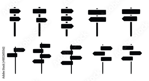 Collection of black silhouette directional signposts with multiple arrows and rectangular shapes