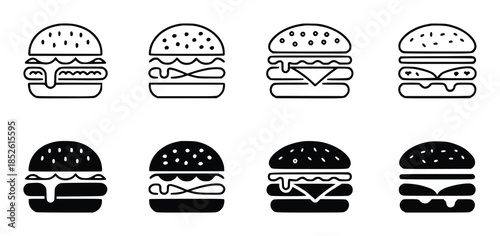 Stylized black and white burger with varied fillings and cheese drips hamburger food