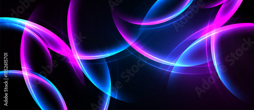 Abstract design features flowing curves, vibrant blue, pink hues against dark background. Dynamic composition creates modern aesthetic.