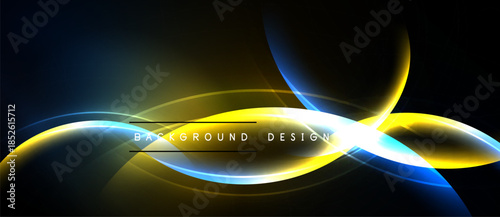 Abstract neon waves, dark background. Bright yellow, blue hues create dynamic flow. Modern design element, sleek presentation.