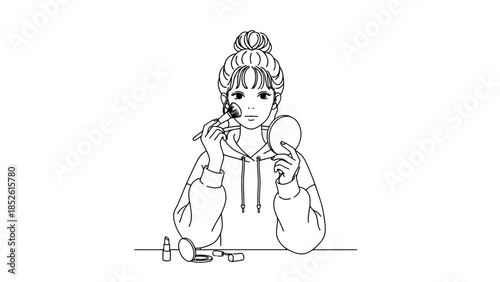 Young woman applying makeup with brush and mirror in pink hoodie at home