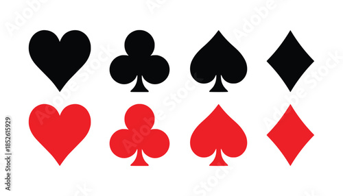 Set of red and black playing card suits illustration featuring hearts clubs spades and diamonds
