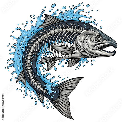 Salmon fish skeleton jumping out of blue water splash illustration