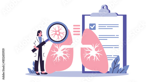 Doctor examining lungs with magnifying glass and clipboard for health checkup and diagnosis