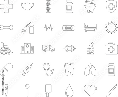 This clean and professional collection features 30 outline icons representing everything from hospital care to laboratory equipment and general wellness