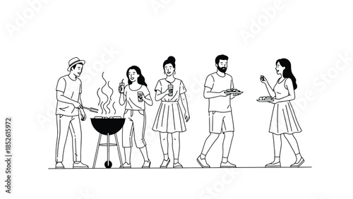 Diverse group of friends enjoying a casual outdoor barbecue party together in summer