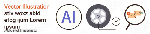 Artificial intelligence, digital innovation, automotive industry, technology integration, communication efficiency, data analysis. AI symbol, car wheel gauge, and magnifying glass analyzing emails