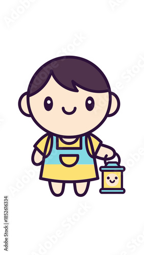 A young boy happily holds a smiling lantern in a colorful illustration  