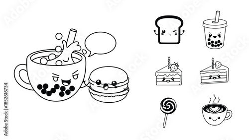 Cute cartoon desserts and drinks with happy faces and colorful sweet treats