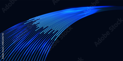 Futuristic technology concept featuring glowing blue and cyan fiber optic lines. Abstract illustration of high-speed data transfer, global networking, and digital connectivity on a dark background.