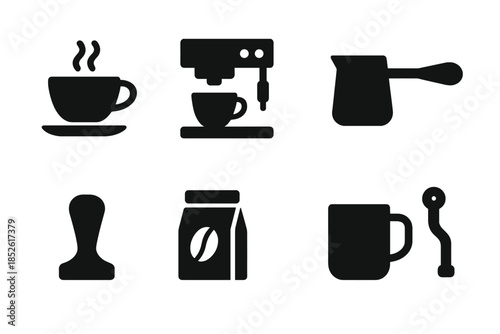 Barista Icon Set. Barista preparing coffee. Filled icon set of barista preparing coffee: coffee cup, espresso