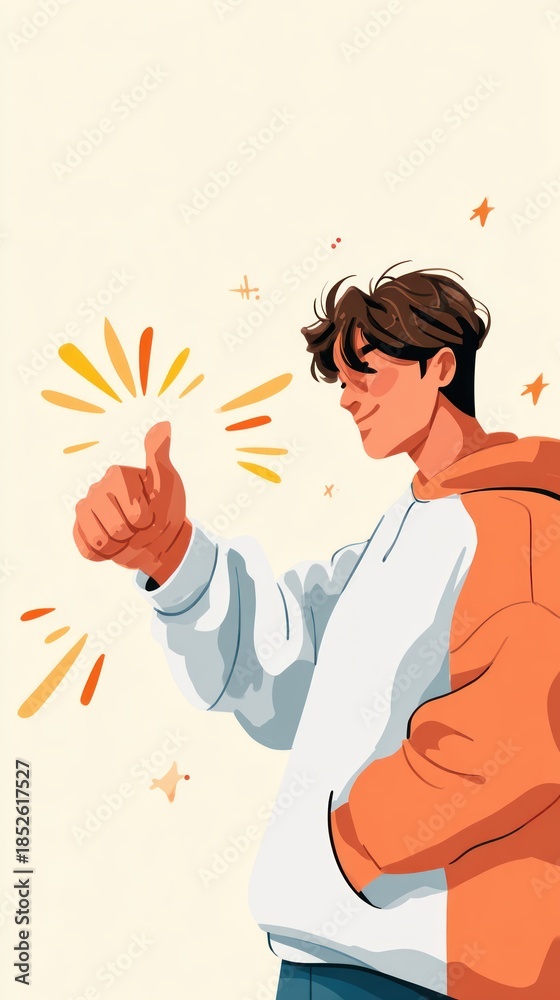Obraz premium illustration A smiling young man gives a thumbs up with stylized celebratory elements radiating around him illustration marketing visual content