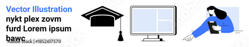 Online education, e-learning, teaching, digital learning tools, virtual classrooms, academic success. Graduation cap, computer monitor and a teacher holding a book. Online education and e-learning