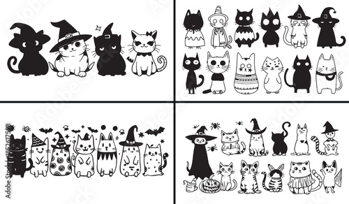 halloween cat clipart, spooky pet doodles, cartoon halloween animals, cute cat illustrations, playful spooky pets, black white pet clipart, printable halloween pets, kids spooky pack, pet outline coll