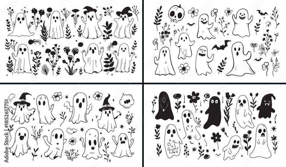 Obraz premium cute ghost clipart, halloween cat doodles, witch cartoon icons, spooky animal drawings, kawaii halloween art, black white spooky clipart, printable halloween characters, kids spooky pack, halloween ou