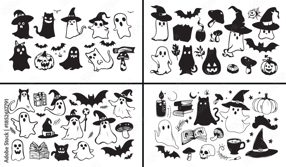 Obraz premium cute ghost clipart, halloween cat doodles, witch cartoon icons, spooky animal drawings, kawaii halloween art, black white spooky clipart, printable halloween characters, kids spooky pack, halloween ou