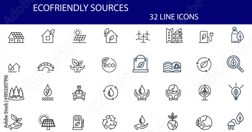 Eco-Friendly Line Icons Set - Sustainable Living, Renewable Energy, Green Technology, Recycling, Solar Power, Wind Turbines, Electric Vehicles, Water Conservation, Eco Homes, Climate Action.