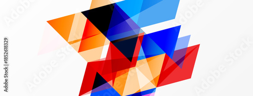 Abstract geometric shapes overlap, creating vibrant color contrasts. Red, blue, orange dominate white background. Modern design elements present.