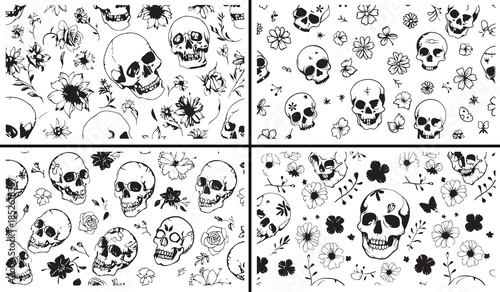skull clipart illustration, spooky doodle icons, cute skull drawings, halloween cartoon art, hand drawn spooky sketches, black white skull clipart, printable halloween icons, horror doodle pack, skull