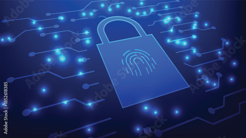 cyber security and privacy data. digital fingerprint on padlock symbol with blue futuristic circuit board background