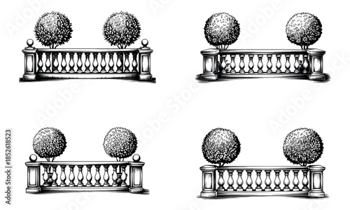 Stone fence balustrade architectural element illustration set
