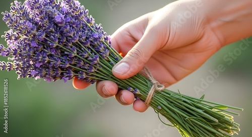 Wallpaper Mural Hand Holding a Fresh Lavender Bouquet tied with Cord in Close-up View Torontodigital.ca