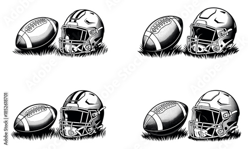 American football helmet and ball vintage illustration set
