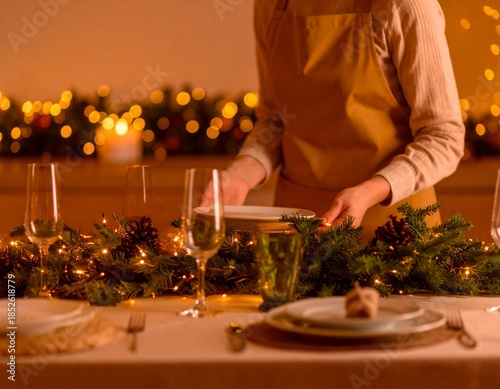 A person setting a festive dinner table with warm lighting and decorations