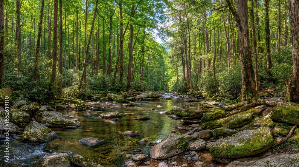 Fototapeta premium Calming River Flowing Through a Lush Green Forest with Tall Trees and Sunlight Streaming Through the Canopy in Bright Day