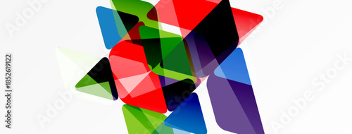 Abstract geometric shapes overlap, creating vibrant color blends. Composition feels dynamic, modern, energetic.