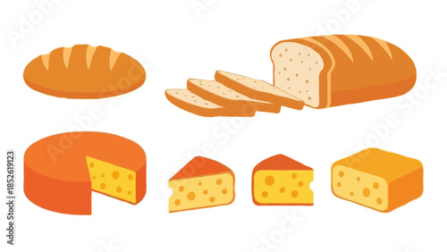 Bread and Cheese Icons Set Flat Vector