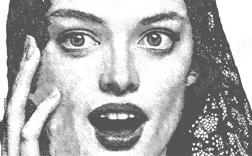 Surprised woman with vintage expression and lace details. Black and white vector illustration showcasing facial features in a graphic style.