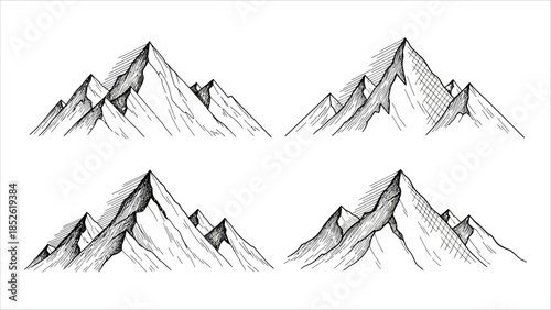 A set of minimal mountain range silhouettes in a CAD linework style, each isolated on a white background. Ideal for site plans, topographic maps, and landscape architecture drawings.