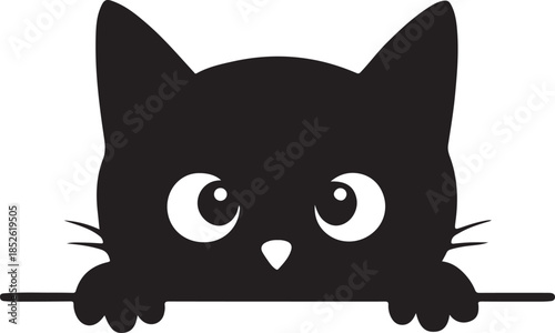 Cute black cat peeking funny domestic animal isolated on transparent grid background