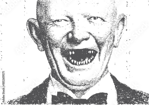 Vintage man face with a silly smile. Black and white vector illustration featuring humorous expression and detailed graphic design.