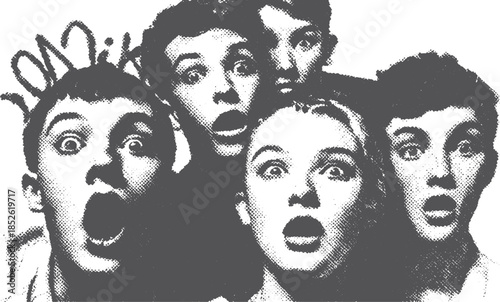 Group of surprised faces with shocked expressions in black and white. Monochrome vector illustration showcasing dynamic emotional reactions.