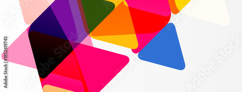 Colorful triangles overlap, creating abstract composition. Bright hues dominate white background, suggesting dynamic energy.
