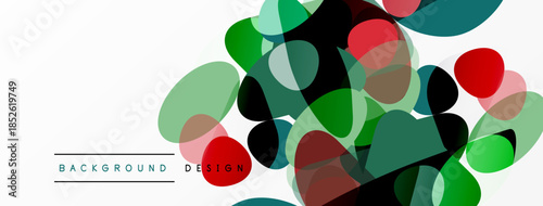 Abstract colorful shapes overlap, creating dynamic background. Red, green, black tones dominate composition. Simple text labels bottom edge.