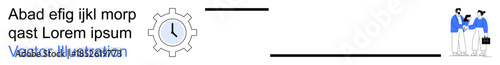 Productivity, teamwork, efficiency, corporate planning, business strategy, goal setting. Gear with clock icon and two individuals working together. Productivity and teamwork