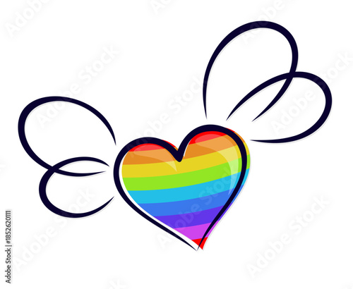 Rainbow heart symbol with wings.