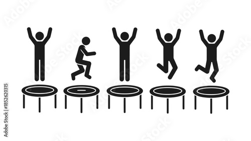 Energetic figures jumping on trampolines in a sequence of motion