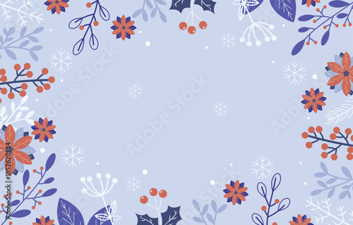 A festive frame background with scattered winter flowers, poinsettias, and blue leaves. Great for square or rectangular holiday greeting cards.