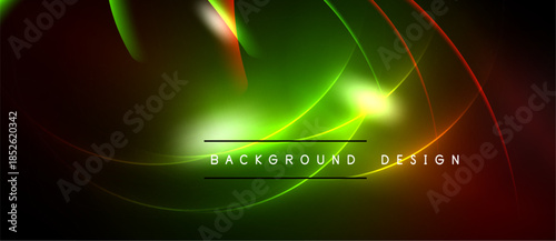 Abstract vibrant background. Green, orange, yellow light streaks create dynamic flow. Dark edges frame bright central design.