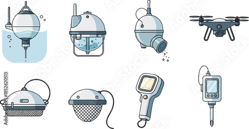 A collection of scientific and environmental monitoring equipment, including various buoys, submersible sensors, handheld meters, and a drone.