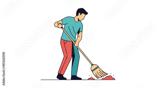 Man sweeping dust and debris with a broom, concept of cleaning and tidiness