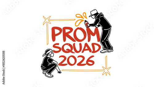 Young artists spray painting "PROM SQUAD 2026" with energetic flair and artistic style