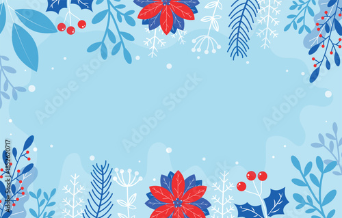 Bright winter illustration with a prominent floral border featuring red poinsettia and blue leaves. High contrast design for festive holiday promotions.