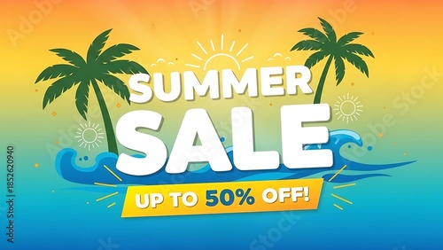 Summer sale advertisement with palm trees.