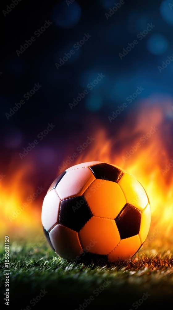 Fototapeta premium A soccer ball rests on green grass against a fiery background, creating a dramatic effect