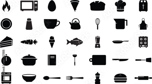 This comprehensive collection features 35 solid black icons representing essential kitchen tools, appliances, and food items for culinary designs